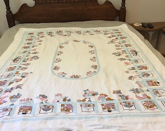 Vintage Shabby Pastel Tablecloth with Flowers Fruit Pink and Blue  pineapples