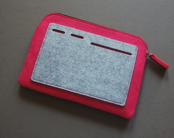 Felt Zipper Bag, Tech Organizer Pouch, hot pink/grey.