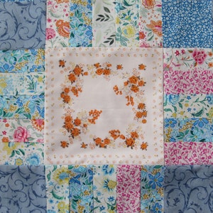 Hankie Quilt Pattern FOUR different Center block sizes:
8-inch49”x 68”
10-inch  53”x74”
12-inch 57” x 80”
14-inch  61” x 86”
16-inch 65” x 92”
Complete cutting, sewing instructions included, from The Quilt Ladies