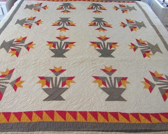 Old/Vintage Quilted Basket Quilt | Heirloom Quilt | 76" x 84" | Estimated Mid-20th Century