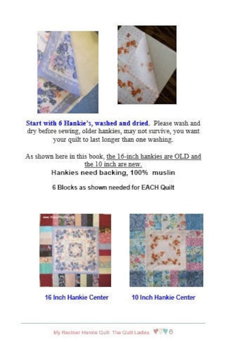 Hankie Quilt Pattern FOUR different Center block sizes:
8-inch49”x 68”
10-inch  53”x74”
12-inch 57” x 80”
14-inch  61” x 86”
16-inch 65” x 92”
Complete cutting, sewing instructions included, from The Quilt Ladies