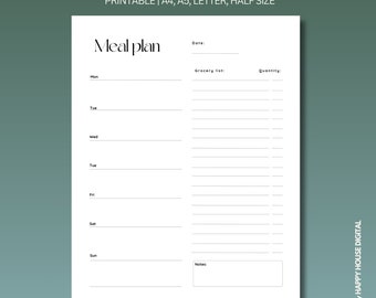 Weekly Meal Planner With Grocery List Printable Template, 7 Day Menu ...