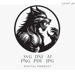 Puede incluir: Ilustración en blanco y negro de un hombre lobo en un círculo. El hombre lobo está gruñendo y tiene las garras afuera. El texto "LE:MOON" está en la esquina superior derecha de la imagen. El texto "SVG DXF AI PNG PDF JPG PRODUCTO DIGITAL" está en la parte inferior de la imagen.