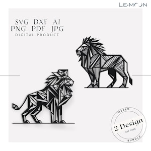 May include: Two geometric black and white lion designs. The lions are in a standing pose with their heads turned to the side. The text "2 Design Cut Files Bundle" is in a circle at the bottom of the image.