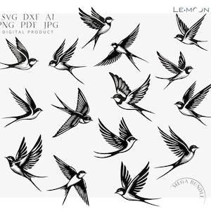 Lot d'hirondelles | Oiseau | Fichier SVG | DXF | découpé au laser | Art du métal, Gravure autocollante, Modèle Silhouette | Vecteur numérique pour téléchargement immédiat