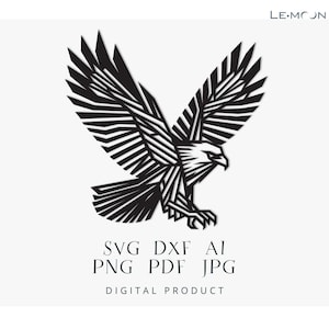 May include: Black and white geometric illustration of an eagle with its wings spread. The eagle is facing right and has a sharp beak. The image is on a white background and includes the text "SVG DXF AI PNG PDF JPG DIGITAL PRODUCT".