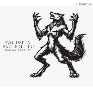 Puede incluir: Ilustración en blanco y negro de un hombre lobo aullando a la luna. El hombre lobo está de pie sobre sus cuatro patas con las garras extendidas. La imagen es de estilo vintage.