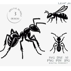Peut inclure: Un ensemble de trois illustrations de silhouettes d'abeilles et de fourmis noires et blanches. Les illustrations sont en format vectoriel et sont parfaites pour l'artisanat, le scrapbooking et autres projets créatifs. Le texte "SPECIAL BUNDLE 3 DESIGNS" et "SVG DXF AI PNG PDF JPG DIGITAL PRODUCT" est inclus dans l'image.