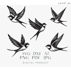 Jaskółki | Ptak | Wycinane laserowo SVG|DXF|Ai|Plik PNG | Metalowa sztuka, grawerowana naklejka, szablon sylwetki | Cyfrowy wektor do natychmiastowego pobrania