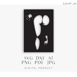 Puede incluir: Silueta en blanco y negro de una persona con una huella de mano, una huella de pie y un contorno del cuerpo.  SVG DXF AI PNG PDF JPG PRODUCTO DIGITAL