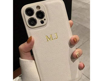 Personalised Initials Engraved Leather Texture Shockproof Case For iPhone 16 Pro Max Plus 15 14 13 12 11 X XR Plus, Custom Name Phone Cover