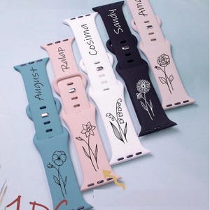 Personalised Strap Band For Apple Watch With Birth Flower, Custom Laser Print Name Band, Silicone Band 38mm/40mm/41mm/42mm/44mm/45mm/49mm