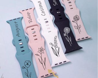 Correa personalizada para Apple Watch con flor de nacimiento, nombre personalizado impreso a láser, correa de silicona de 38 mm, 40 mm, 41 mm, 42 mm, 44 mm, 45 mm y 49 mm.