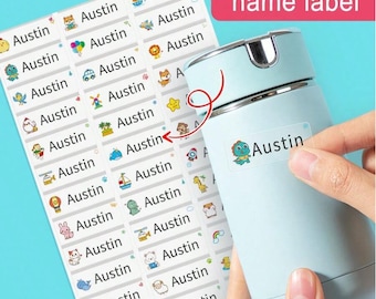 May include: A sheet of personalized name labels with the name "Austin" printed on them, accompanied by various colorful cartoon illustrations. A light blue water bottle has a label with the name "Austin" and a dinosaur illustration.