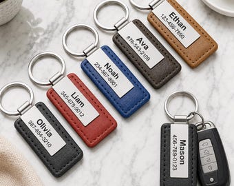 Personalized Leather Keychain, Custom Engraved Name Keyring, PU Leather Car Keychain, Custom Phone Number Key Fob, Gift for Dad, Mom Him Her