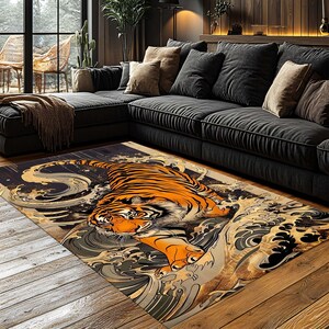 Tiger Rug, Decorative Rug For Bold Decor, Maximalist Home Decor, Colorful Washable Rug For Flamboyant Home Decor, Living Room, Fierce Decor
