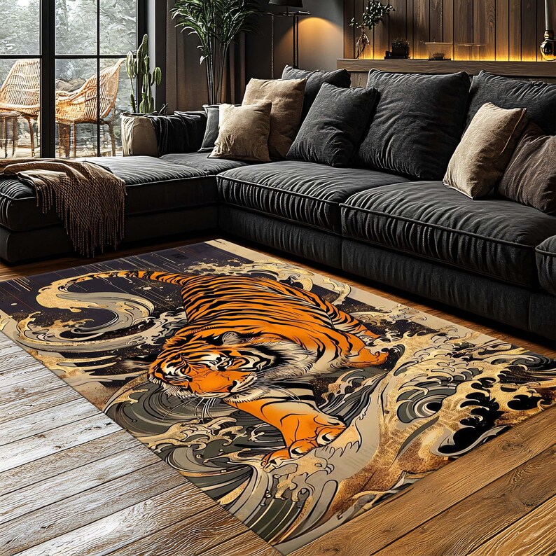 Tiger Rug, Decorative Rug For Bold Decor, Maximalist Home Decor, Colorful Washable Rug For Flamboyant Home Decor, Living Room, Fierce Decor