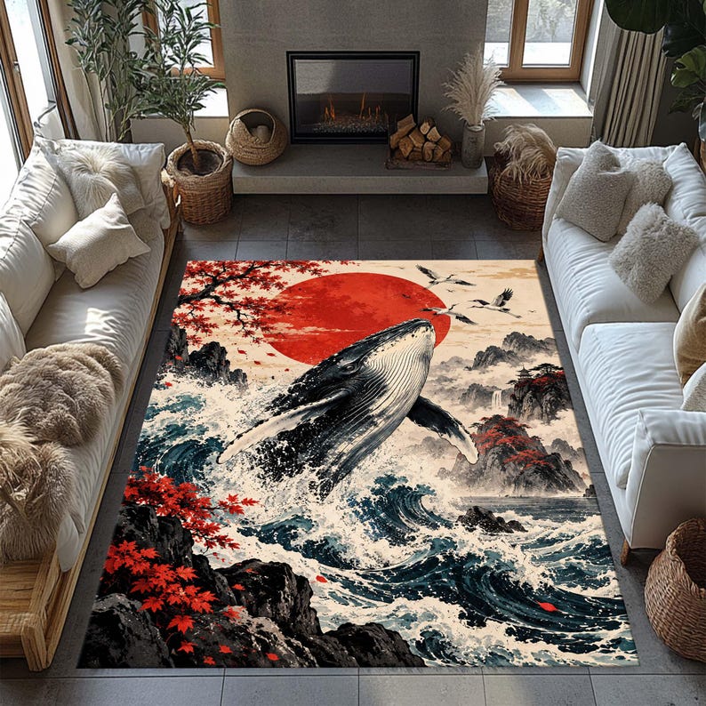 May include: A rectangular area rug featuring a large humpback whale breaching from dark blue ocean waves. The scene includes a prominent red sun, rocky cliffs with red maple leaves, and flying cranes against a cream-colored background.