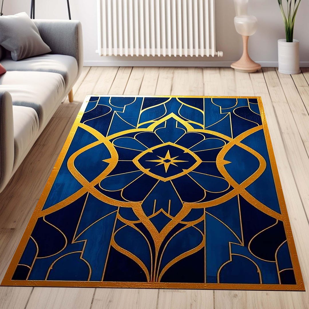Art Deco Rug, Navy Blue Elegant Rug, Geometric Desing Rug, Red Gold Art ...