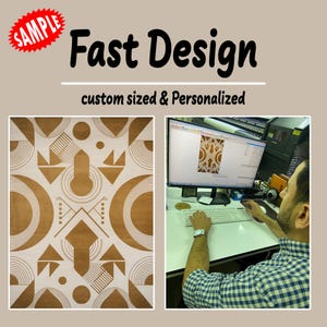May include: The image showcases a geometric design in shades of brown and cream, with the text "Fast Design" and "custom sized & Personalized." A person is working on a computer, possibly designing the pattern. A "SAMPLE" stamp is in the upper left corner.