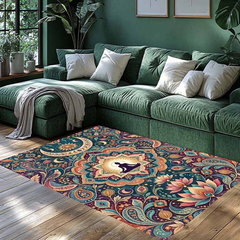 Pode incluir: Um tapete retangular com um design de mandala central apresentando a silhueta de uma pessoa em posi&ccedil;&atilde;o de medita&ccedil;&atilde;o. O padr&atilde;o inclui motivos florais complexos, formas de paisley, luas crescentes e estrelas em tons de azul, laranja e roxo.