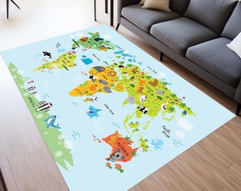 May include: A blue and green world map rug with colorful animal illustrations. The rug features continents, oceans, and animal icons representing different regions of the world. The rug is perfect for a child's room or play area.