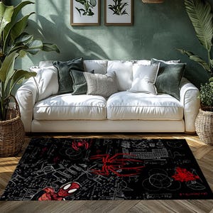 May include: Black area rug featuring a Spider-Man design with red and white accents. The rug has a detailed pattern of mathematical equations and diagrams, with a large Spider-Man graphic. The rug is placed in front of a white sofa.