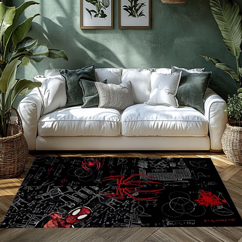 May include: Black area rug featuring a Spider-Man design with red and white accents. The rug has a detailed pattern of mathematical equations and diagrams, with a large Spider-Man graphic. The rug is placed in front of a white sofa.