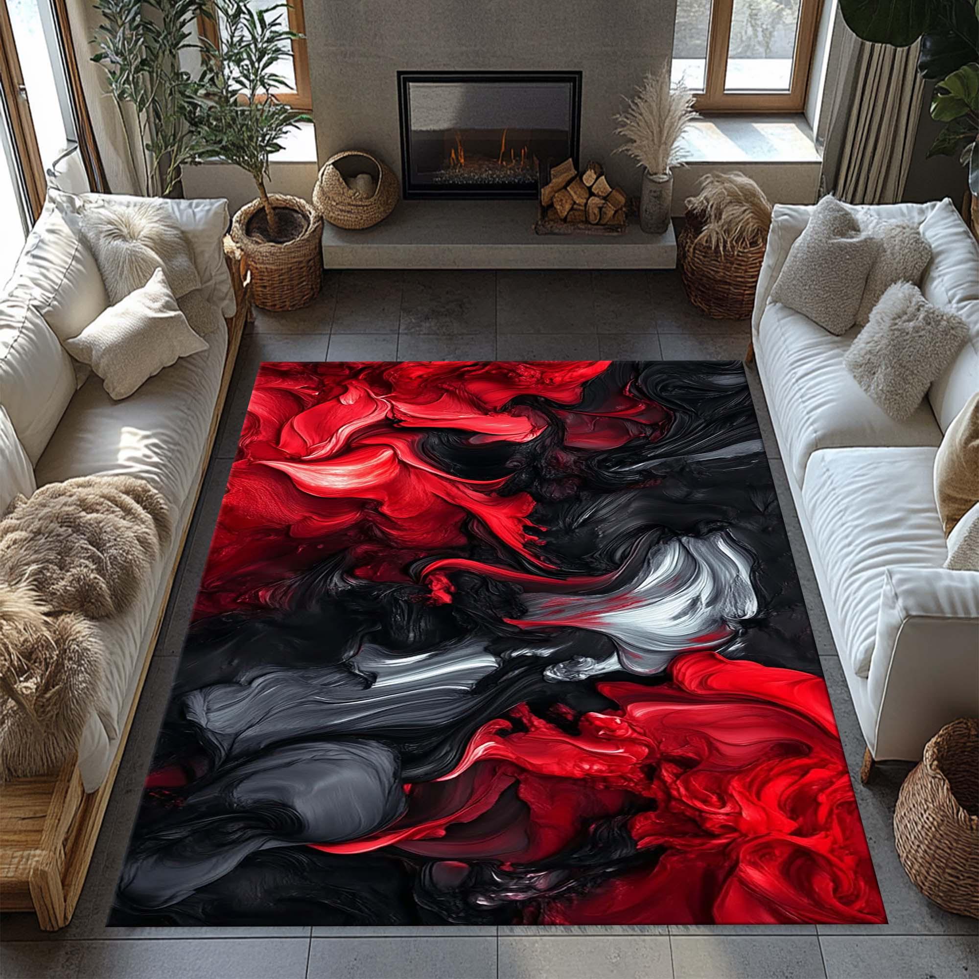 Red Black Abstract Area Rug Red Smoke Rug Modern Art Carpet Elegant red-black-abstract-area-rug-red-smoke-rug-modern-art-carpet-elegant