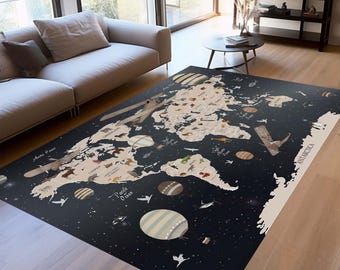 May include: A world map rug with a black background and beige continents. The rug features illustrations of animals, airplanes, and hot air balloons. The text "Pacific Ocean" and "Antarctica" are visible on the rug.