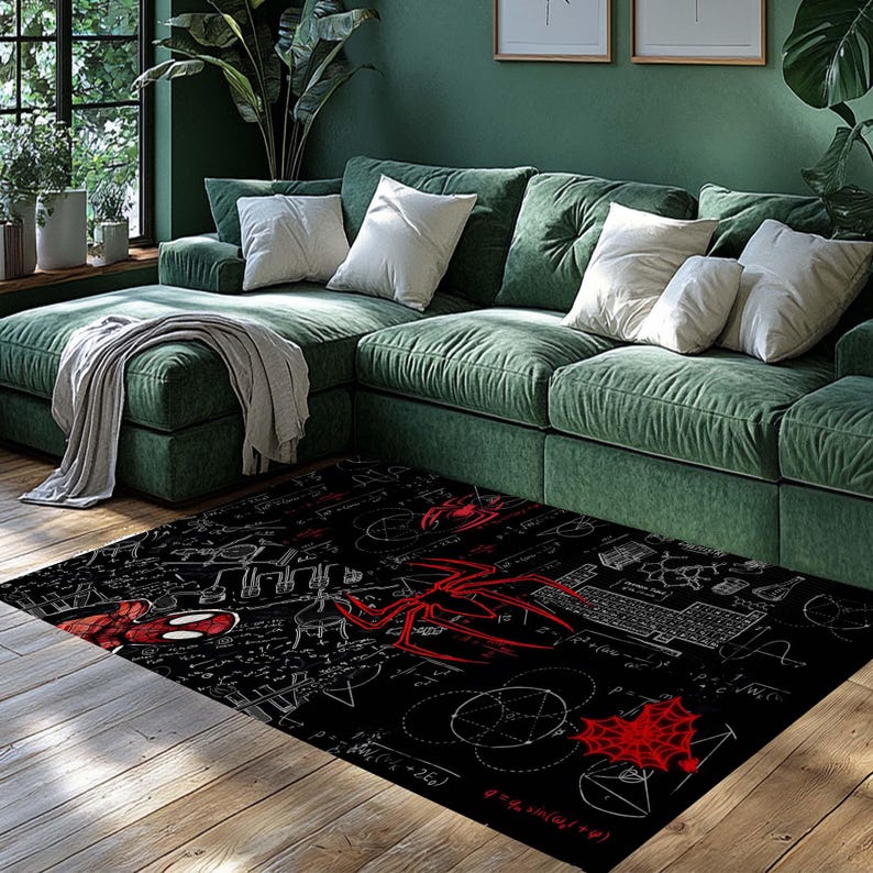 May include: Black rectangular area rug featuring a red spider emblem and web design. The rug has a white mathematical formula pattern and a red spider-man graphic. The rug is placed on a wooden floor in front of a green sofa.