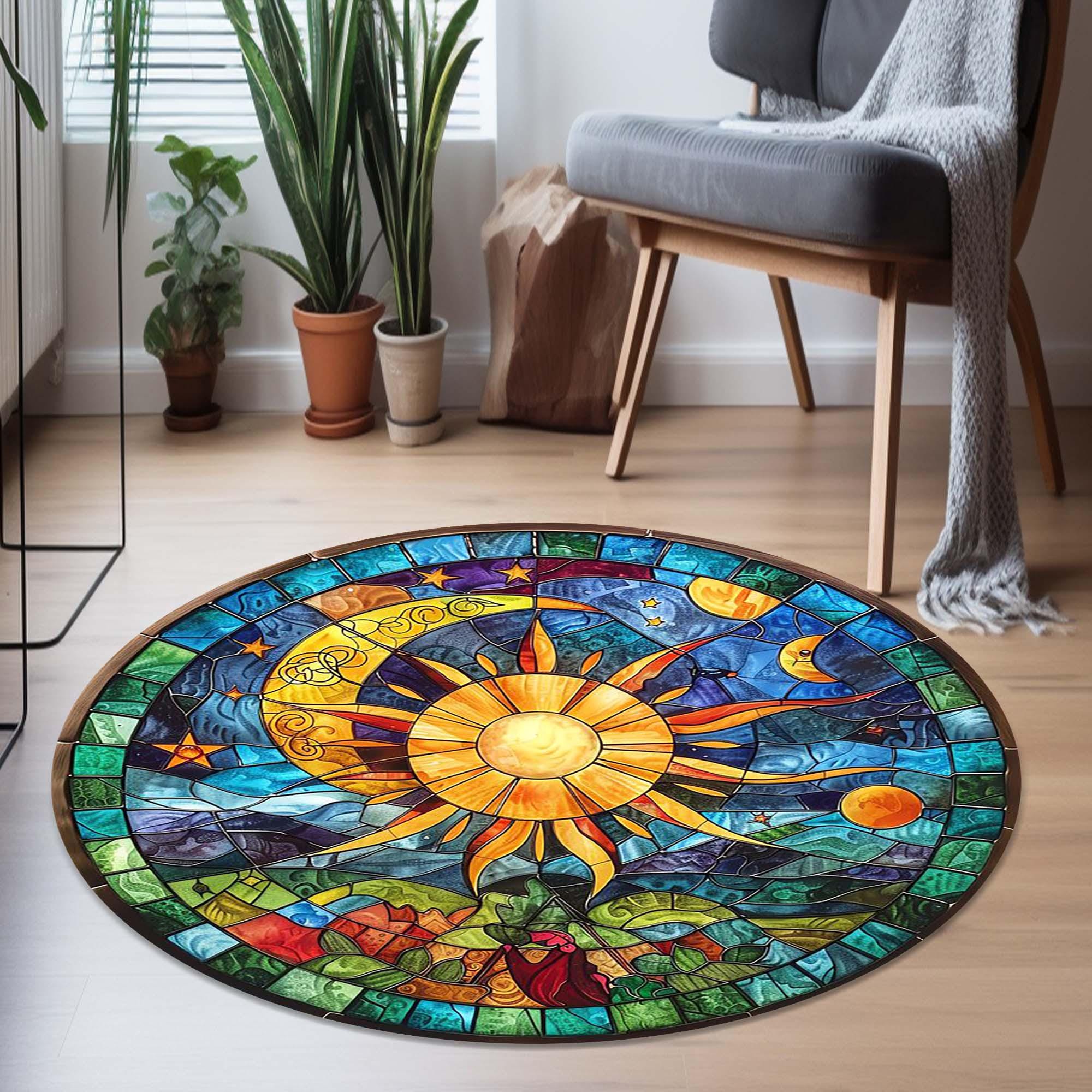 Sun and Moon Round Rug, Bohemian Floor Mat, Vibrant Home Decor ...