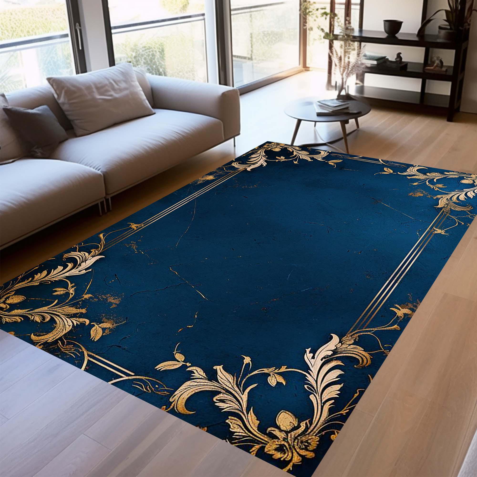 Blue and Gold Art Deco Rug, Navy Blue Elegant, Modern Geometric Area ...