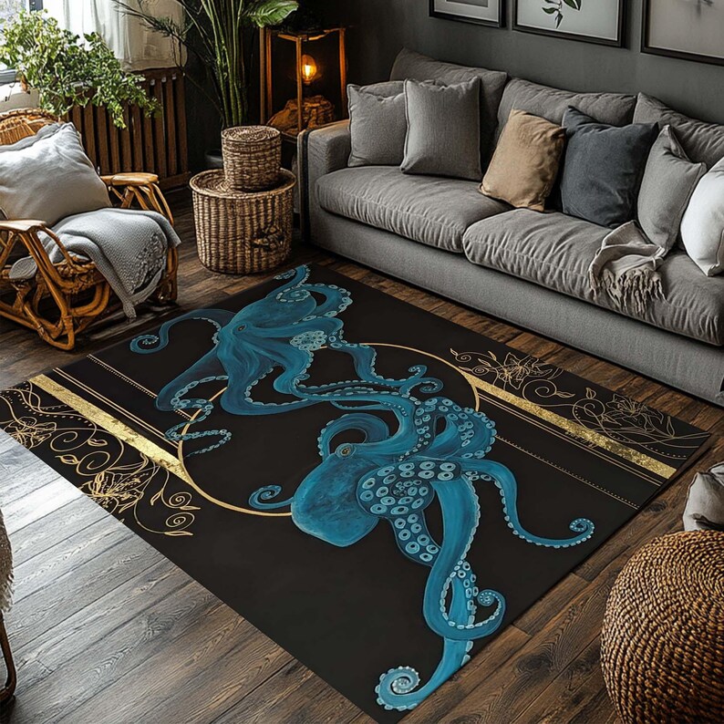 May include: A black area rug featuring two stylized blue octopuses with detailed tentacles. The rug has gold accents, including a circular design and stripes, creating a striking contrast. The rug is placed in a living room setting.