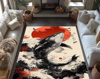 Blue Whale Rug, Ocean Decor Rug, Ocean-Inspired Rug, Modern Nautical Carpet,Marine Design, Whimsical Ocean Inspired Area Rug,Sea Creature,