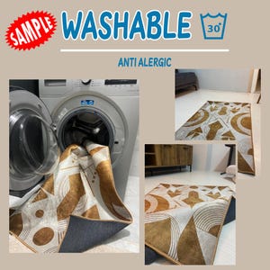 May include: A washable, anti-allergenic rug with a geometric design in brown and white is shown being washed in a washing machine. The rug is also shown in a room setting. The text "WASHABLE" and "ANTI ALLERGIC" are visible.