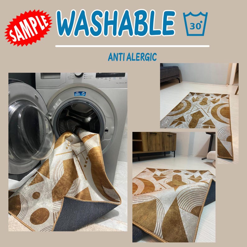 May include: A washable, anti-allergenic rug with a geometric design in brown and white is shown being washed in a washing machine. The rug is also shown in a room setting. The text "WASHABLE" and "ANTI ALLERGIC" are visible.