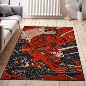 Tiger Rug, Decorative Rug For Bold Decor, Maximalist Home Decor, Colorful Washable Rug For Flamboyant Home Decor, Living Room, Fierce Decor