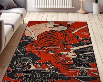 Tiger Rug, Decorative Rug For Bold Decor, Maximalist Home Decor, Colorful Washable Rug For Flamboyant Home Decor, Living Room, Fierce Decor