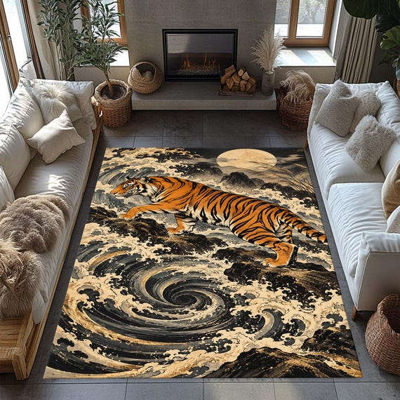 Tiger Rug, Animal Rug, Bengal Tiger, Decorative Rug, Bold Decor, Maximalist Decor, Colorful Washable Rug Flamboyant Home Decor, Living Room,