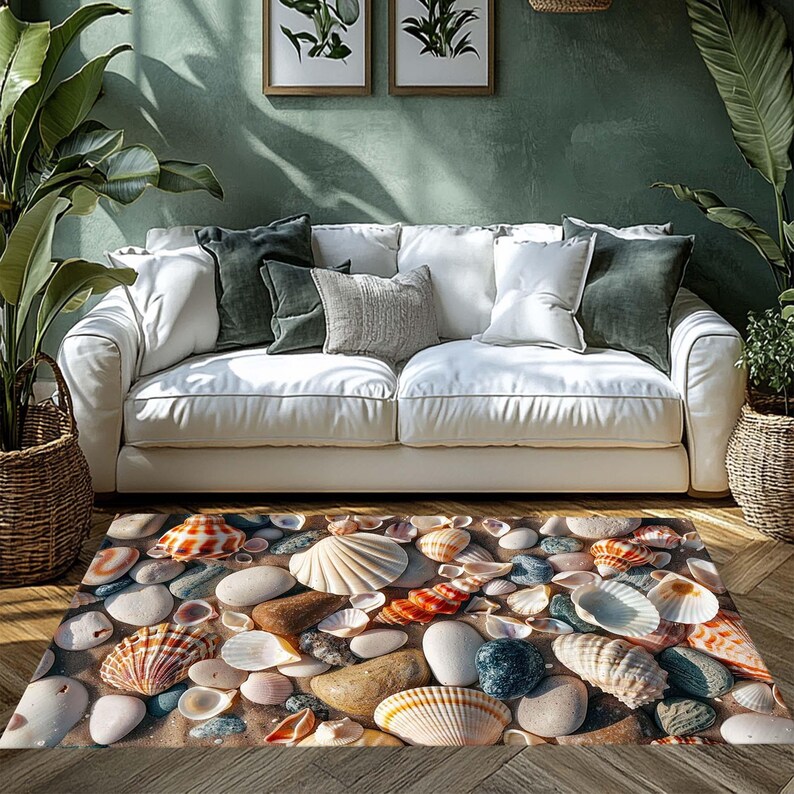 Sea Shell Area Carpet, Colorful Beach Stones Runner Rug, Coastal ...
