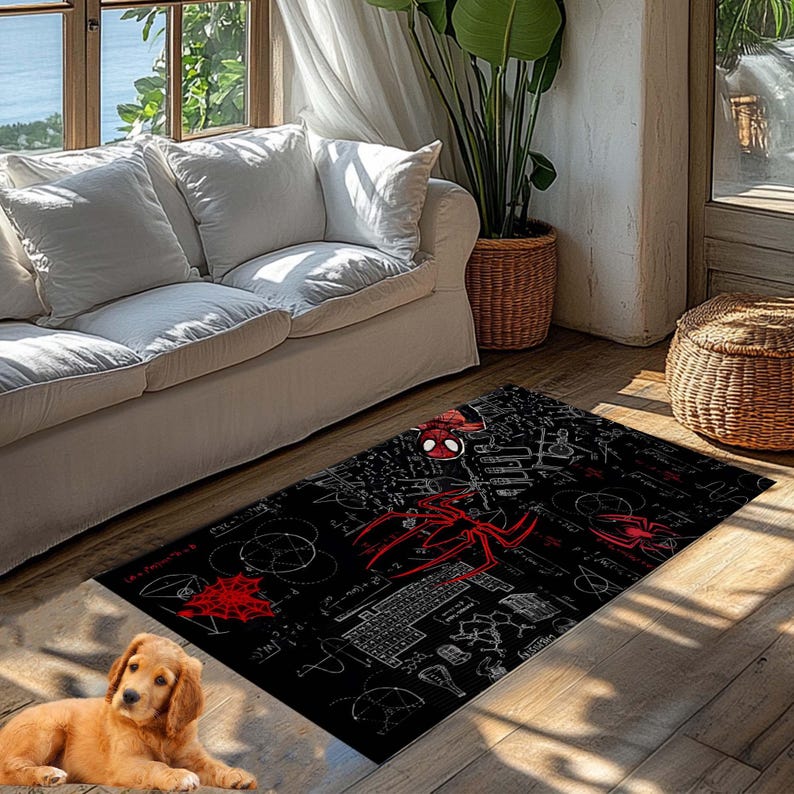May include: Black rectangular area rug featuring a red Spider-Man design. The rug has a detailed pattern with Spider-Man's mask, web designs, and scientific diagrams. The rug is placed on a wooden floor.