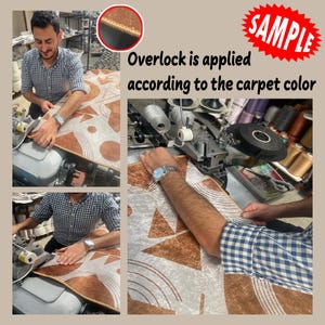 May include: Image shows the overlock process on a carpet. The carpet has a geometric pattern in shades of brown and beige. The text "Overlock is applied according to the carpet color" is visible. A "SAMPLE" stamp is in the upper right corner.