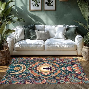 Pode incluir: Um tapete retangular com fundo azul escuro apresentando um padr&atilde;o de mandala central, a silhueta de uma pessoa em posi&ccedil;&atilde;o de medita&ccedil;&atilde;o, uma lua crescente, motivos solares e elementos florais paisley em tons de laranja, rosa e azul-petr&oacute;leo.