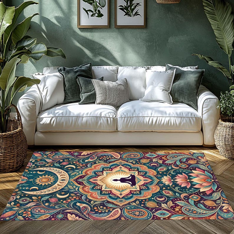 Pode incluir: Um tapete retangular com fundo azul escuro apresentando um padr&atilde;o de mandala central, a silhueta de uma pessoa em posi&ccedil;&atilde;o de medita&ccedil;&atilde;o, uma lua crescente, motivos solares e elementos florais paisley em tons de laranja, rosa e azul-petr&oacute;leo.