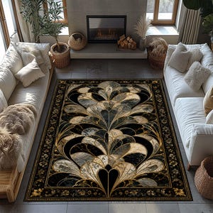 May include: A rectangular area rug featuring a symmetrical, fan-like pattern in black, gold, and cream marble textures. The design includes intricate gold-lined petal shapes arranged in a vertical sequence, framed by a dark border with floral motifs.
