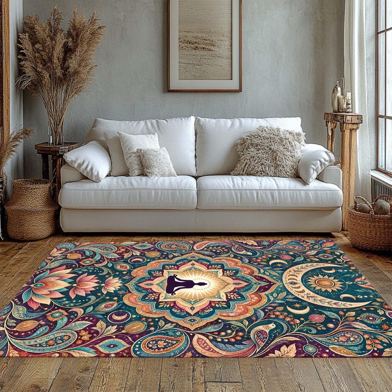 Pode incluir: Um tapete retangular com a silhueta central de uma pessoa em posi&ccedil;&atilde;o de medita&ccedil;&atilde;o sentada, rodeada por um padr&atilde;o de mandala detalhado, motivos de sol e lua e elementos florais em tons de azul-petr&oacute;leo, laranja, roxo e creme.