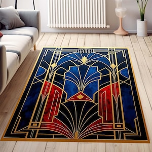 Art Deco Rug, Navy Blue Elegant Rug, Geometric Desing Rug, Red Gold Art Deco Rug, Luxury Art Deco Area Rug, Geometric Minimal Style,