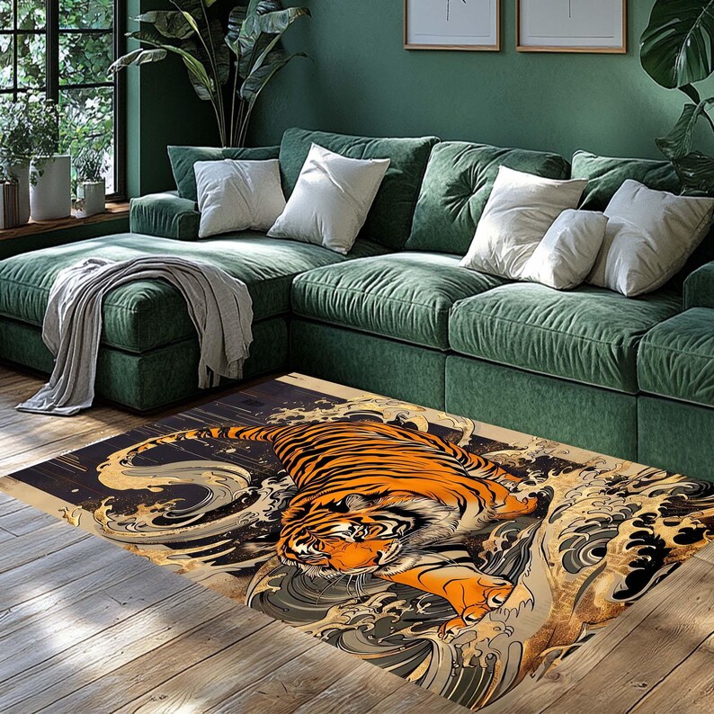 Tiger Rug, Decorative Rug For Bold Decor, Maximalist Home Decor, Colorful Washable Rug For Flamboyant Home Decor, Living Room, Fierce Decor