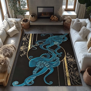 May include: A rectangular area rug featuring a large, stylized blue octopus design on a black background. The octopus is surrounded by a gold circle and vertical gold stripes. Floral gold accents are also present, creating a striking contrast.